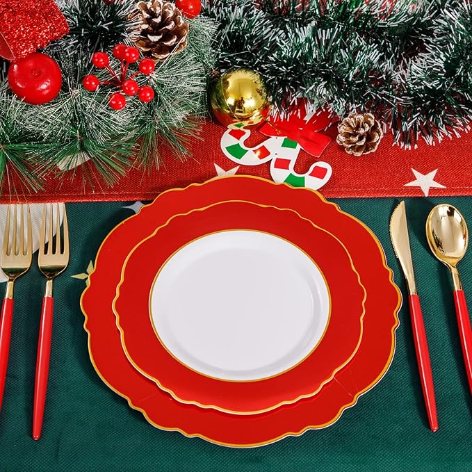WDF 30Guest Red Plastic Plates - Gold Plastic Silverware With Red Handle - Red Plates Disposable- Baroque Plastic Dinnerware for Wedding Baby Shower Spring Birthday