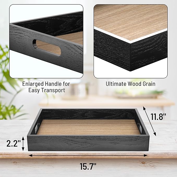 ATZYmolin Wood Serving Tray with Handles, Home Decorative Wooden Rectangle Ottoman Decor Platter Vanity Tray for Breakfast Dinner Drinks Kitchen Dining Living Bathroom Restaurants Black Wooden