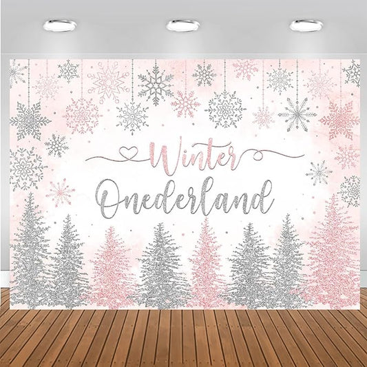 Mocsicka Winter Onederland Backdrop Winter Wonderland First 1st Birthday Party Decoration for Girl Pink Silver Snowflake Christmas Birthday Banner Photo Booth Props (Pink, 10x7ft(120''x82''))