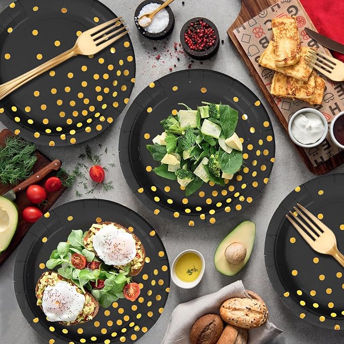 Black Gold Paper Plates and Napkins Party Supplies-150PCS-50 x 7''Dessert Plates & 50 x 6.5''Napkins & 50 x 7.3''Forks,Disposable Paper Tableware Set for Birthday,Anniversary,Retirement,Father's Day