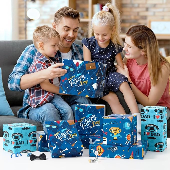 WERNNSAI Father’s Day Wrapping Paper Rolls - 3 Rolls 17” x 10FT Blue Gift Wrap Set with Mustache I Love Dad Designs for Dad Husband Grandpa Birthday Father’s Day Gifts