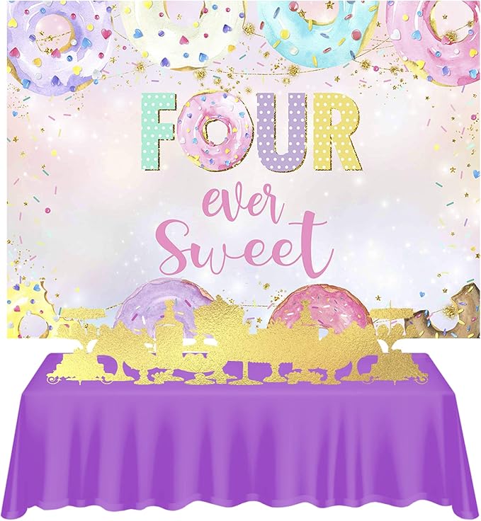 Mocsicka 4th Donut Birthday Backdrop Four Ever Sweet Donut Birthday Party Decoration Background Toddler Girl 4th Birthday Party Banner Supplies (7x5ft (82x60 inch))