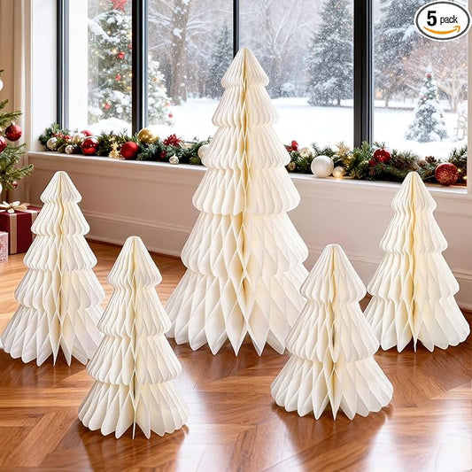 Christmas Table Decorations Indoor, 5 Pcs Extra Large White Honeycomb Paper Christmas Trees, Vintage Table Centerpieces Decorations for Xmas Winter Wonderland New Year Party Weddings Home Decor