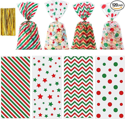 Aegero 120 Pcs Christmas Cellophane Treat Bags, Xmas Gift Candy Goodies Bags with 140 Pcs Twists for Xmas Party Favor Supplies,Kids Party Favors,Snacks Cookies Packing(10.63 x 5.12 inches,Red/Green)