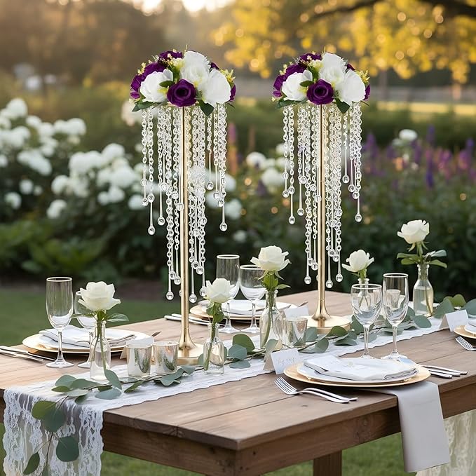 21.6in Gold Wedding Centerpieces for Table, 2Pcs Tall Vases Wedding Centerpieces with Sparkling Crystal Beads, Metal Flower Stand for Wedding Reception Party Events Home Decor