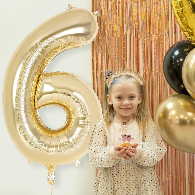 Champagne Gold Large Number 6 Balloon, 40 Inch Light Gold Foil Helium Number Balloons, Giant Mylar Number 6 Balloons for 6 Years Old Birthday Party Anniversary Decorations