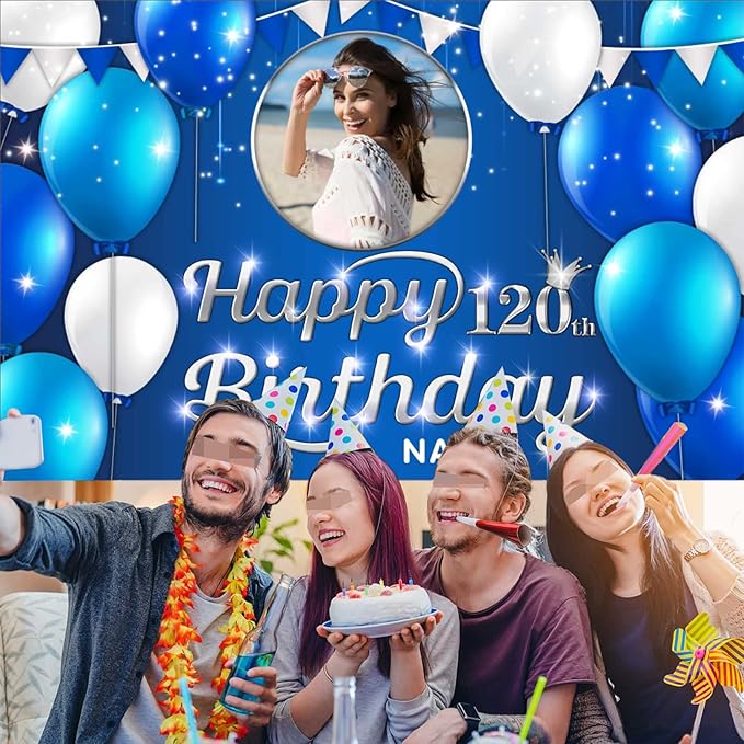 Custom Happy 120th Birthday Decoration Banner - Personalized Navy Blue Birthday Party Banner in Large Sizes-Custom Photos and Names