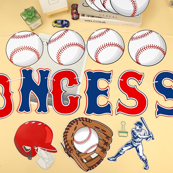Baseball Party Decorations Pre-strung Concessions Baseballs Banner with Blue Red White Honeycomb Balls Baseball Theme Hanging Swirls Circle Dots Garland for Concessions Birthday Party Decor