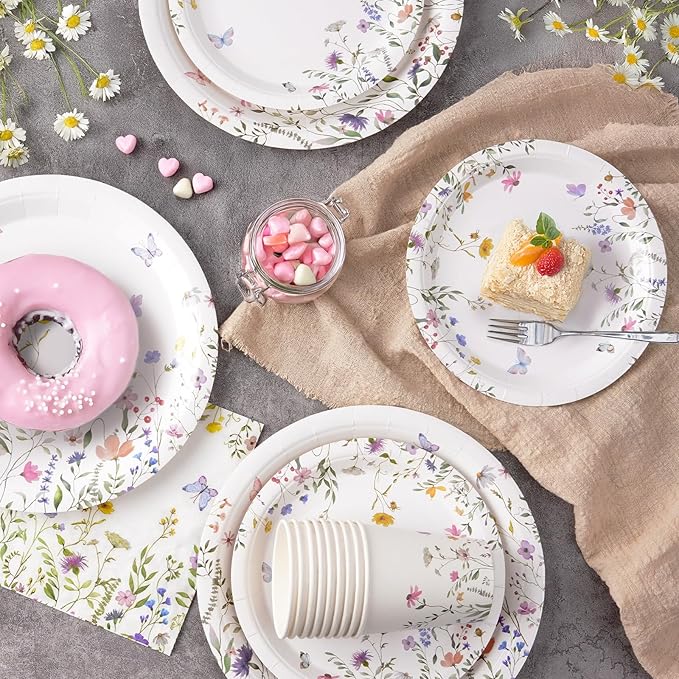 96PCS Wildflower Paper Plates and Napkins, Disposable Floral Plates for Bridal Shower, Garden Party, Wedding, Mother's Day, Spring Party, Baby Shower, Afternoon Tea Party
