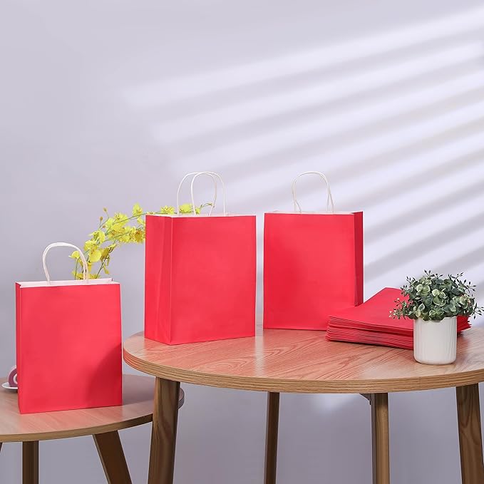 SUNCOLOR 25 Pack Red Gift Bags with Handles – 8x4.5x10 Medium Bags for Shopping, Retail, DIY, Wedding, Party Favors & Valentine's Day