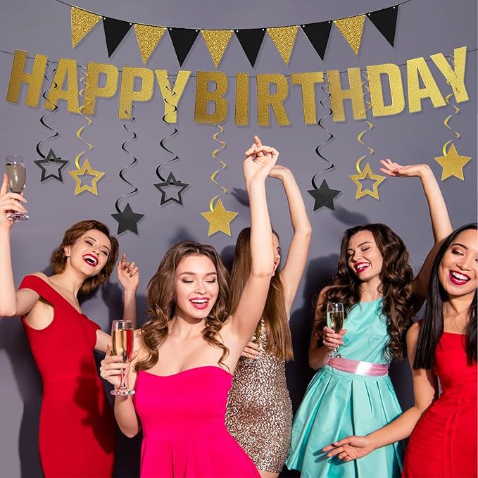 Happy Birthday Banner Black and Gold Birthday Decorations, Glitter Gold Bday Banner Sign Black Golden Pennant Flag Banner Garland and Star Hanging Swirls Men Women Birthdays Party Supplies for All Age