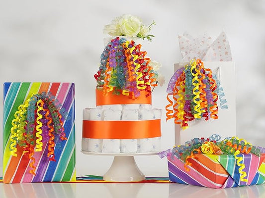 HUIHUANG Birthday Bows for Gift Wrapping 7" Rainbow Curly Gift Bows with Self Adhesive & Twist Tie Ribbon Bow for Presents Gift Basket Birthday Pride Month Party Favors - 6 Counts