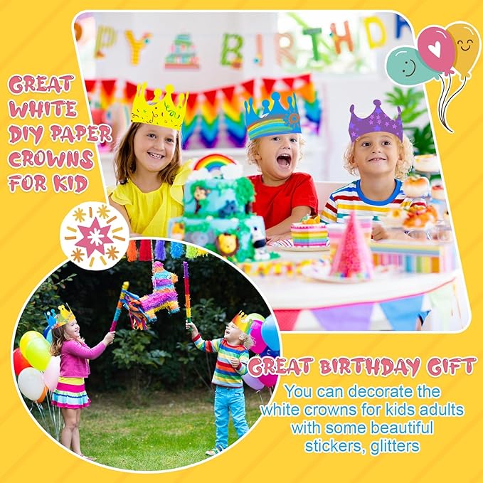 Jetec 100 Pcs White Paper Crowns Kids DIY Birthday Crowns for Classroom Birthday Party Hats Decorations Baby Shower Supplies (Traditional)