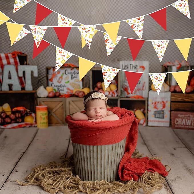 32Ft Crawfish Boil Party Decorations Red Yellow Beer Crawfish Pennant Banner Fabric Triangle Flag Garland Streamers for Lobster Birthday Shrimp Seafood Boil Baby Shower Barbecue Party Decor Supplies
