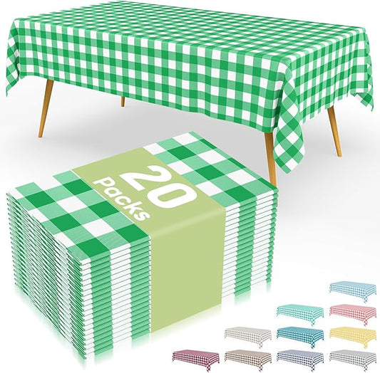Smiry 20 Packs Gingham Disposable Table Cloth, 54 x 108 Inch Waterproof Plastic Tablecloth, Rectangle Green and White Checkered Table Covers for Picnic, Birthday, Party