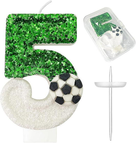 Birthday Candles，Soccer Birthday Decorations，Soccer Cake Topper,for Girl and boy Cake Toppers, Wedding Cakes, Anniversaries, Party Celebrations, Birthday Decorations (Green White, Number 5)