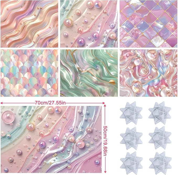 Larcenciel Holographic Gift Wrapping Paper, Iridescent Mermaid Scale Pattern, Pearl Finish, 6 Sheets with 6 Gift Bows –Pink & Purple Birthday Wrapping Paper for Girls Baby Shower Holiday All Occasions