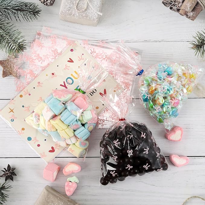 Docvania Cello Cellophane Treat Gift Bags Pink bow Cookie Bags 100 pcs 5 X 7 Goodie Bag with Ties for Mother's Day, Valentine's Day and Parties, Weddings