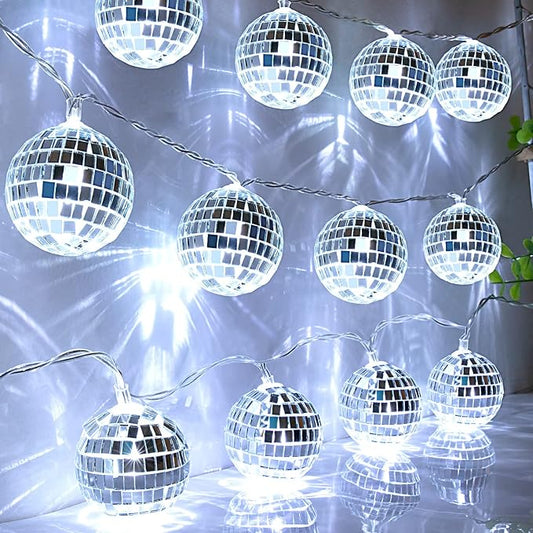 AceList 20 LED 9.8Ft Disco Ball String Light - Battery Powered and USB Plug, Disco Ball Lights for 70's Disco Party Decorations and Birthday Parties, Mamma Mia (Silver)