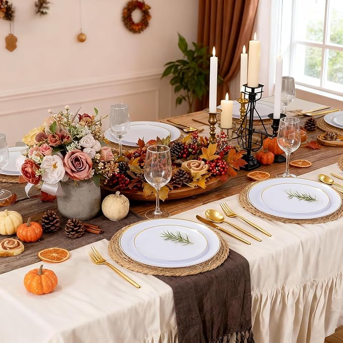 MirthMood 350Pcs White and Gold Dinnerware Set,Plastic plates Includes:50 Dinner Plates, 50 Dessert Plates, 150 Gold Plastic Cutlery,50 Paper Towels & 50 Cups for Party&Wedding