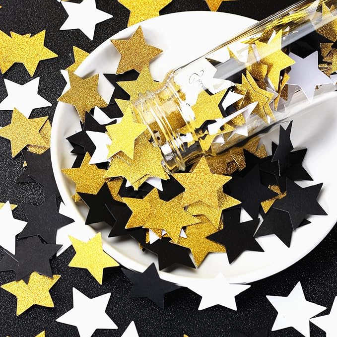 300pcs Black White Gold Confetti,Glitter Paper decor Twinkle Little Star Table Confetti,Birthday Graduation 2025 Fathers Day Wedding Baby Shower Party Decorations Circle Dots Lasting Surprise