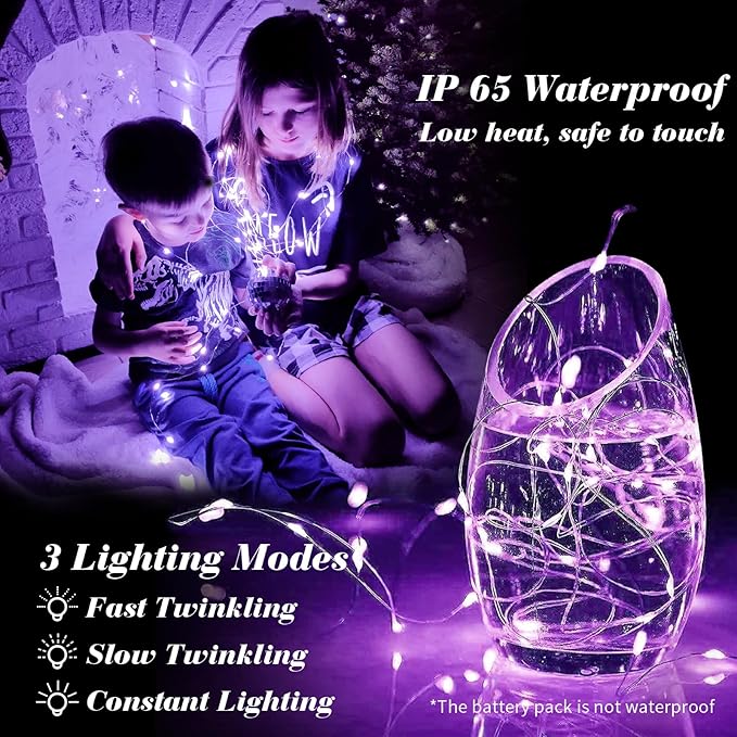 ZGWJ 12 Pack Battery Powered Fairy Lights, Mixed Colors 7Ft 20 Mini LED Silver Wires, 3 Modes for DIY, Party, Wedding, Bedroom, Halloween Christmas Decoration (Colorful & Purple)