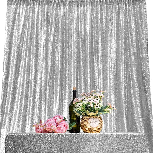 JYFLZQ Silver Sequin Backdrop Curtains 7ft x 7ft 1 Panel Glitter Photo Booth Backdrops Sparkly Photography Background Drapes for Parties Wedding Bridal Showers