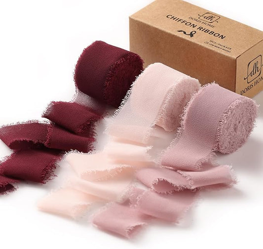 DORIS HOME Burgundy and Pink Chiffon Ribbon for Flower Bouquet, 1" x21Yd Fabric Ribbon for Gift Wrapping, Handmade Frayed Ribbon for Wedding Invitations/Christmas Decorations