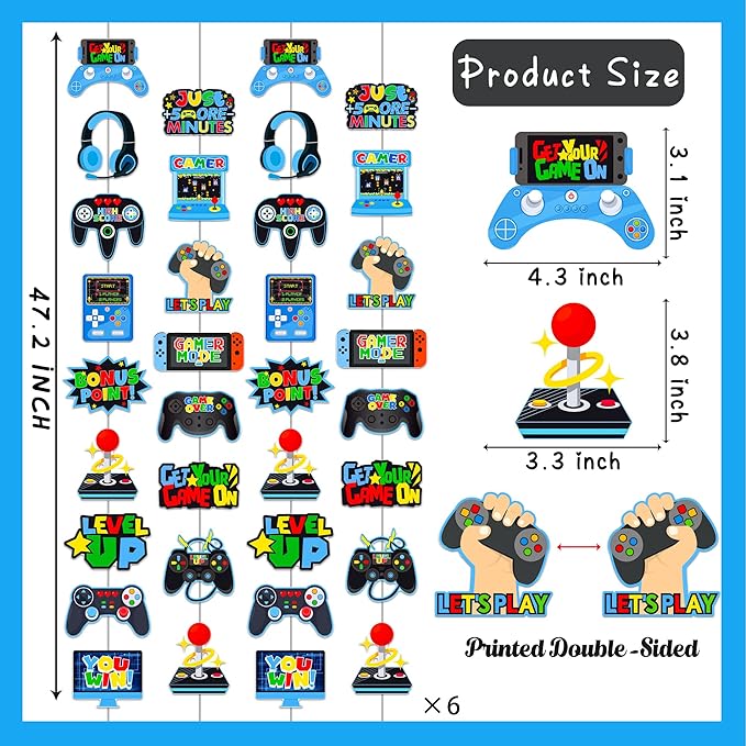 Video Game Garlands Blue Video Gamer Birthday Party Decorations 6Pcs Video Controller Hanging Paper Garlands Gaming Theme Banners for Game Player Level Up Baby Shower Party Supplies