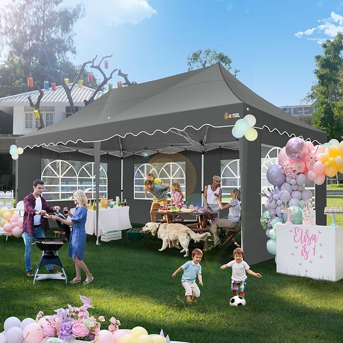 HOTEEL 10x20 Pop up Canopy Tent with 6 Removable Sidewalls, Wave Hem Roof 10x20 Canopy with Wheel Bag and 4 Sandbag, Commercial Pop up Tent Waterproof Sunshade for Market Wedding Party Stall (Grey)