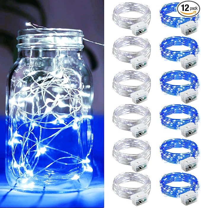 ZGWJ 12 Pack Battery Powered Fairy Lights, Mixed Colors 7Ft 20 Mini LED Silver Wires, 3 Modes for DIY, Party, Wedding, Bedroom, Halloween Christmas Decoration (White & Blue)