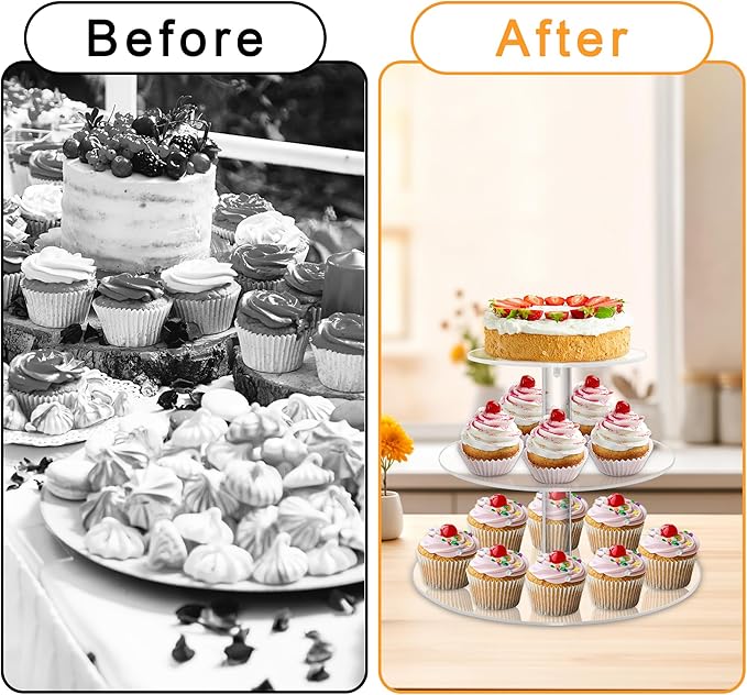 Acrylic Cupcake Stand, Clear Dessert Display Hoder Stand With Base for Wedding, Party, Baby Shower, Get-together, 3 Tier Round, Transparent