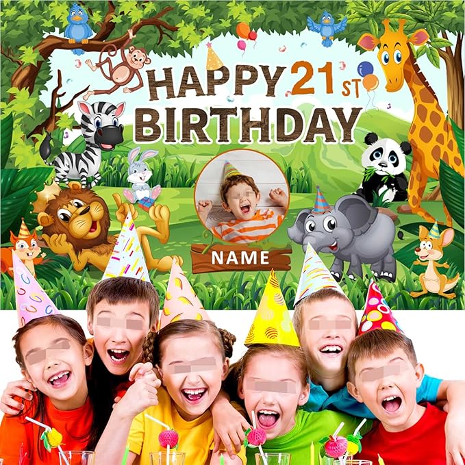 Custom Wild Jungle Theme 21st Birthday Decorations Banner - Personalized Fabric Banner for 21st Birthday Party Supplies