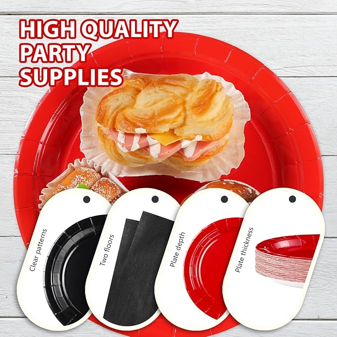200Pcs Red and Black Party Supplies Graduation Black and Red Paper Plates and Napkins Disposable Stranger Tableware Set for Congrats Grad Holiday Red Black Wedding Birthday Party Decorations Serves 50