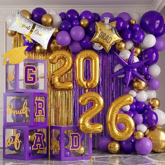 Purple Graduation Decorations 2026 Set of 4 GRAD Balloon Boxes with Balloon Arch Garland Kit mylar balloons Fringe Curtain So Proud of You 2026 prom Graduation kpop Decorations
