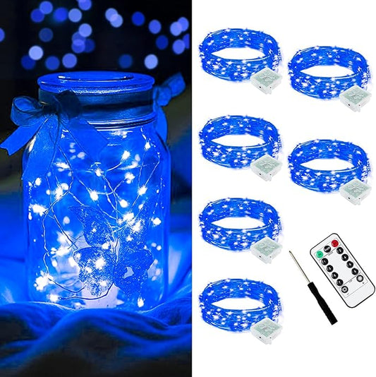 AIKEI 6 Pack LED Fairy Lights with Timer Battery Operated, Mini String Lights with Remote Waterproof 7ft 20 Led Firefly Starry Lighting for Wedding Party Bedroom Garden Christmas Decoration Blue
