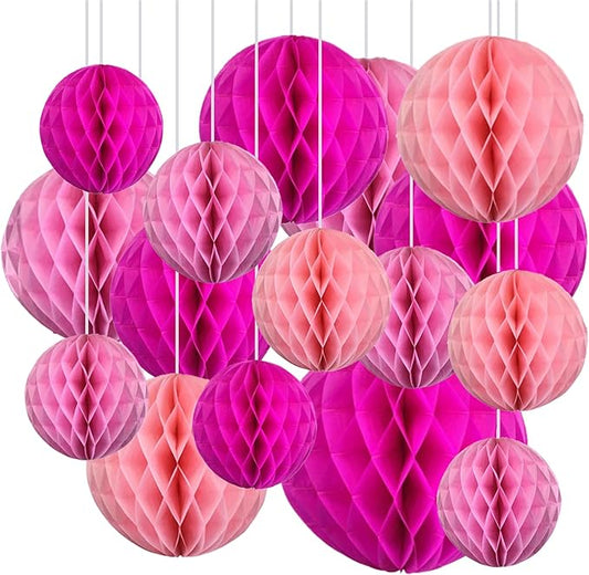 16 Pack Honeycomb Decorations Tissue Paper Balls Party Decorations, Garlands Balloons Poms Birthday Baby Shower Wedding Decorations (Pink Shade)