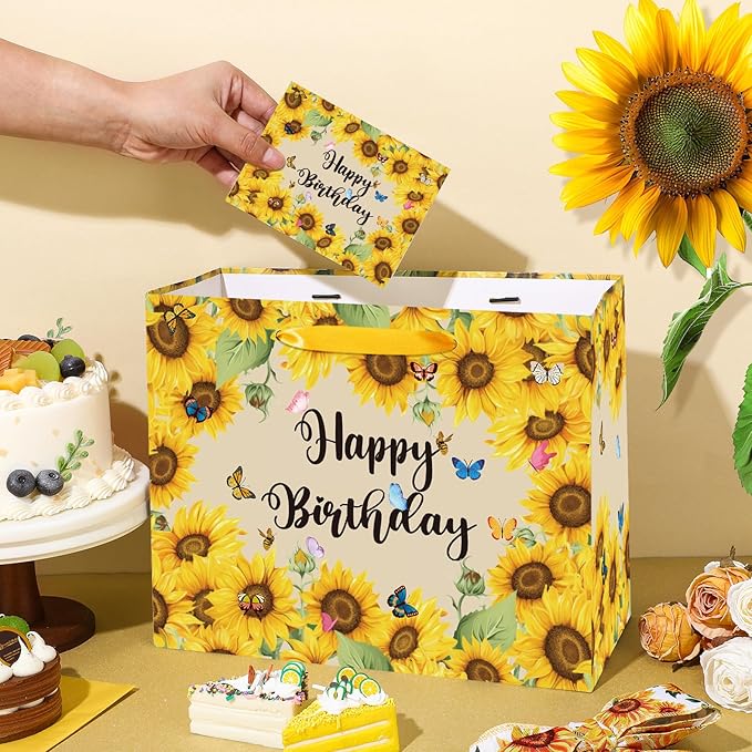 Sunflower Birthday Gift Bag for Girls Women Yellow Sunflower Paper Bag with Tissue Paper and Card Sun flower Birthday Wrapping Paper Bag for Bday Christmas Wedding Baby Bridal Shower Decorations