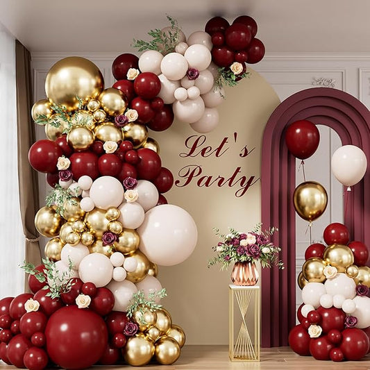 Burgundy Balloon Garland Arch Kit - Burgundy and Gold Balloons Maroon White Balloon Metallic Gold Latex Balloon for Graduation Wedding Baby Shower Birthday Party Decorations (128Pcs)
