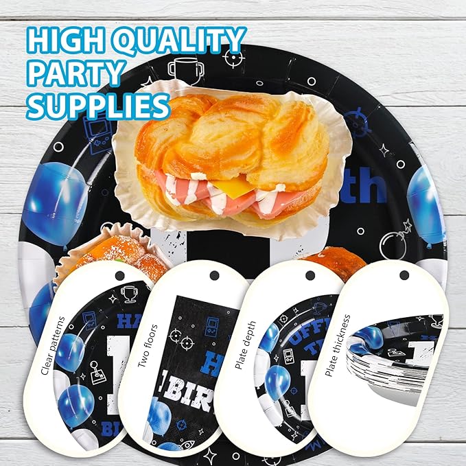 Grencian 96Pcs 13th Birthday Decorations for Boys Blue Black 13th Birthday Party Plates Disposable Official Teen 13 Tableware for Teen Boys Girls Happy 13 Year Old Party, Serves 24