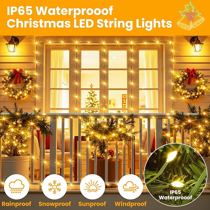Larkvue 394FT 1200 LEDs String Lights with Remote, Waterproof Dimmable 8 Modes Christmas Tree Fairy Rope Light with Timer & Memory Function-Warm White