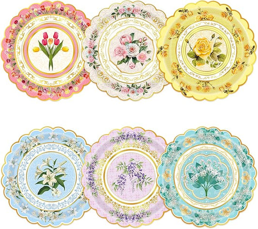 60-Pack Floral Paper Plates, Tea Party Decorations, 9 Inch Disposable Floral Plates for Tea Party, Baby Shower, Bridal Shower, Birthday, Wedding and Any Celebration