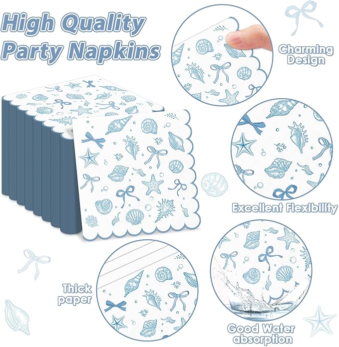 96pcs Scalloped Coastal Party Supplies Tropical Blue Bow Starfish Seashell Plates and Napkins Tableware Set Ocean Theme Party Decorations for Summer Beach Wedding Birthday Bachelorette for 24 Guests