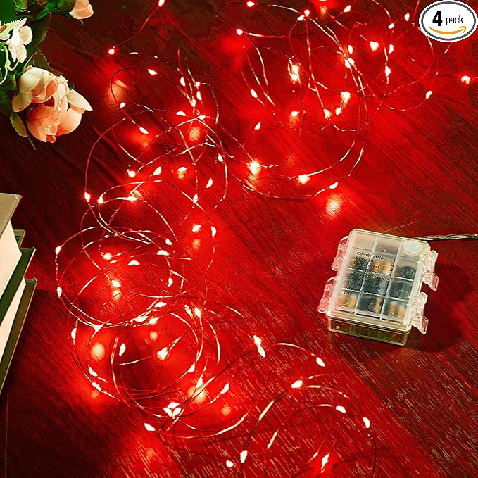 Ariceleo 4 Pack 16.4 Ft. Battery Operated Outdoor String Lights with Remote & Timer, LED Red Fairy Lights, Waterproof Twinkle Lights for Bedroom, Dorm, Mason Jar, Wedding, Party, Christmas