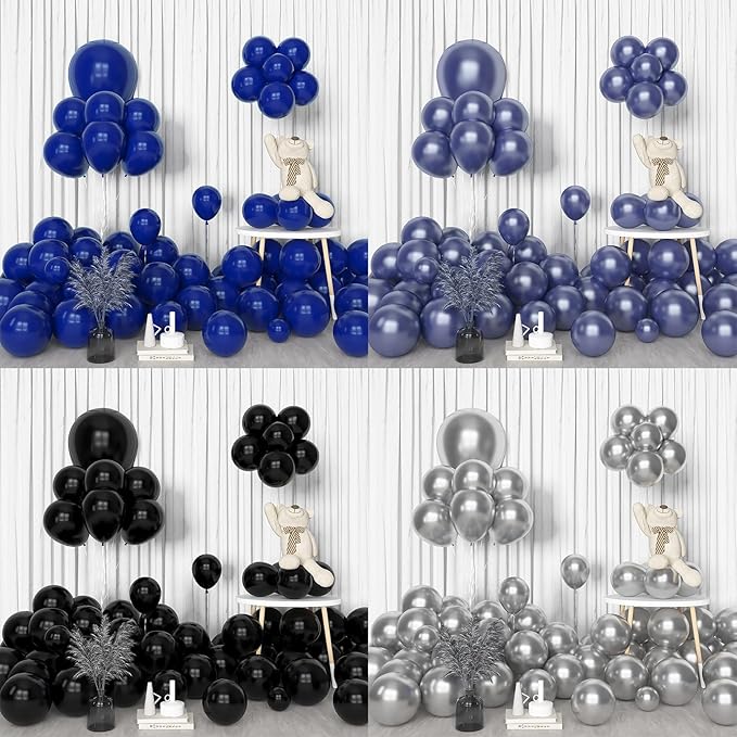 Amandir 153pcs Blue and Black Balloons Arch Garland Kit Different Sizes 18 12 10 5inch Metallic Silver Royal Dark Navy Blue Latex Confetti Graduation Balloon Birthday Space Retirement Party Supplies