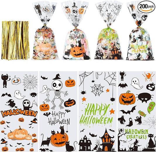 Aegero Halloween Cellophane Treat Bags, 200pcs Trick or Treat Goody Bags with 220pcs Twists for Snacks Cookies Packing, Party Supplies,Halloween 01