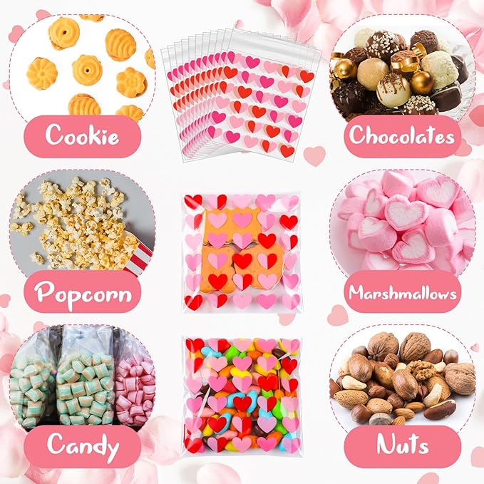Supervitae 200 Pcs Valentines Cellophane Cookie Bags Bulk 4 x 4 Inch Heart Cellophane Bags Self Adhesive Clear Treat Goodie Gift for Valentine's Day Party Supplies Snacks Bakery Cookie Packaging