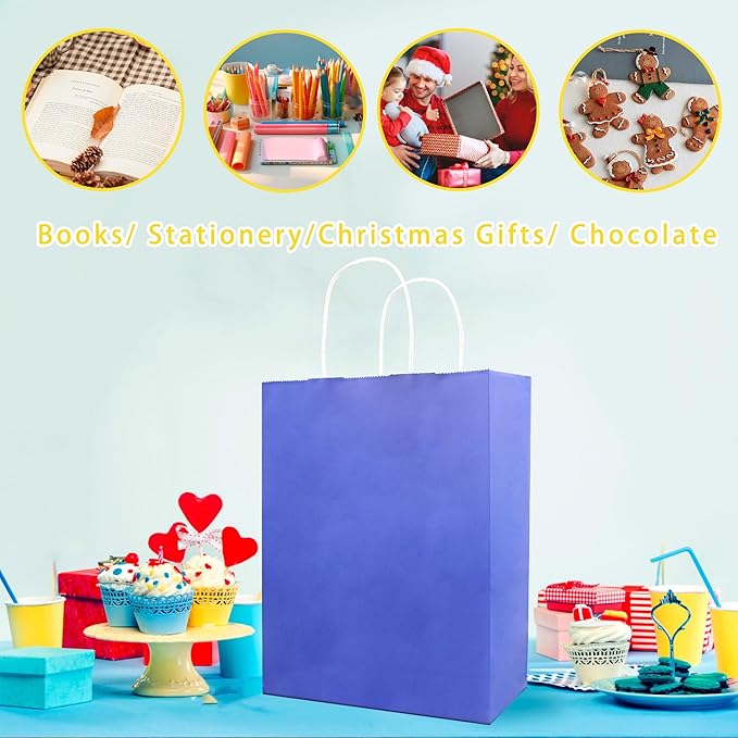 EIOFG Packaging 32Pcs Paper Gift Bags 8 Color with Colorful Tissues, 10.6"x8.26"x4.3" Kraft Paper Party Favor Bags Bulk Rainbow Goodie Bags Large Gift Bags with Handles for Kids Birthday Baby Shower Crafts Wedding Party Supplies (8 Colors)