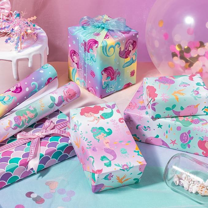 WRAPAHOLIC Mermaid Wrapping Paper Roll - 3 Short Roll - Birthday Wrapping Paper for Kids Girls Birthday, Mermaid Party, Baby Shower - 17 Inch x 120 Inch Per roll