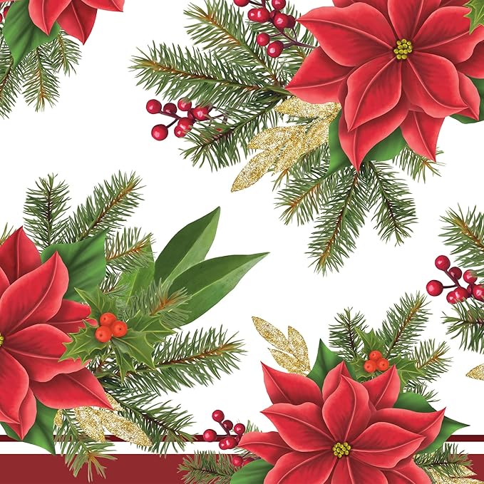 Beistle Poinsettia Tablecovers, 54” x 108”, 2 Pieces – Plastic Table Cloth, Rectangular Tablecloth, Table Covers for Party, Holiday Party Supplies, Christmas Decorations